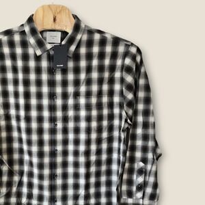 Billy Reid Shadow Plaid Tuscumbia‎ Shirt XXL Black Multi Standard Fit Cotton